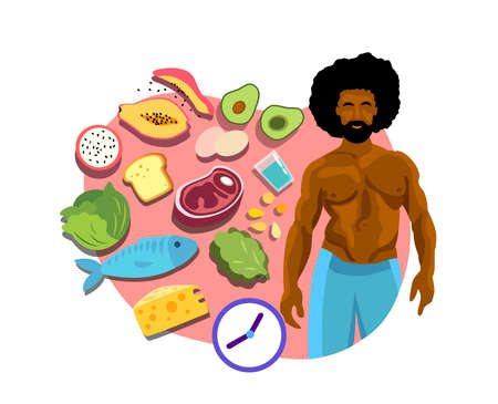 Intermittent Fasting and Sport concept. Young African Athletic Muscular Healthy man. Nutrient-enriched food eating. Lose weight lifestyle fitness discipline Program Biohacking Flat vector illustrationのイラスト素材