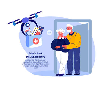 Drone Delivery.Retired Couple Old Woman Receive Contactless Delivery First Aid Kit, Remotely Piloted Flying Aircraft.Medicament, Drugs, Remedy.Aged Pensioners. Buy, Receive Parcel.Flat Vector Illustrationのイラスト素材