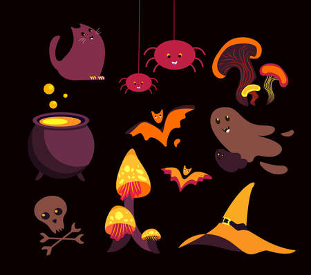 Halloween Bright Set with Objects for Witch.Creative Flat Vector Elements.Funny Mushrooms, Fairy Amanita, Ghosts, Spiders, Bats, Cat, Boiling Pot Cauldron.Halloween Party Collection.Vector Set Illustrationのイラスト素材