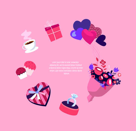 Valentine's Day Set of Festive Romantic Elements for Dating, Marriage.Greetings, Heart Shape Balloon, Flower Bouquet, Coffee, Sweets, Wedding Ring.Flyer, Invitation, Poster, Brochure, Banner Vector Illustrationのイラスト素材