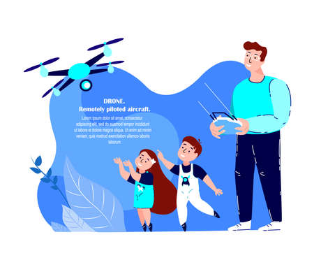 Happy Smiling Father, Children Kid Entertain Flying Drone.Fathers Day.Young Parent, Son and Daughter.Remotely Piloted Aircraft.Little Girl, Boy.Family Relatives Have Fun Together.Flat Vector Illustrationのイラスト素材