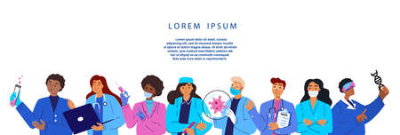 Group of Different female, male Doctors, Surgeons, Therapists.Medic staff characters with stethoscope, clipboard, syringe, Covid Symbol.Healthcare service or check up.Medical professional in uniform Vectorのイラスト素材