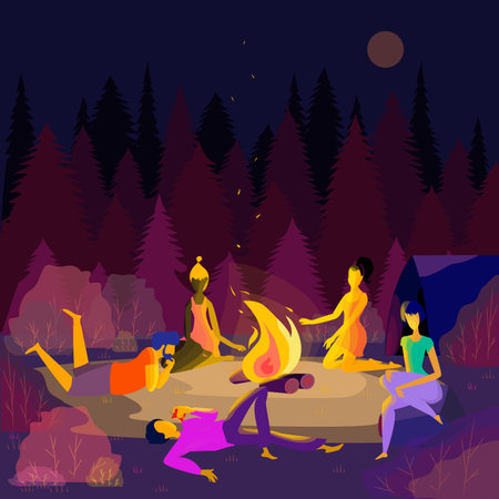 Company of friends organized a campfire in a forest. Flat vector illustrationのイラスト素材