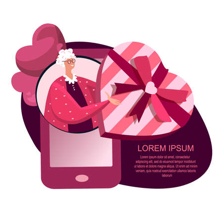 Online Digital Post Shopping. Old Pensioner Woman Take Huge Heart Gift Present. Send or Get Parcel in Mobile App Smartphone. Celebrate Valentine Day, Birthday Holiday. Internet Post. Flat illustrationのイラスト素材
