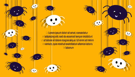 Happy Halloween Banner or Party Invitation Template.Contrast Yellow Bright Greeting Card, Funny Cute Spiders, Webspiders and Text.Happy Halloween Celebration Text Poster.Flat Design Vector Illustrationのイラスト素材