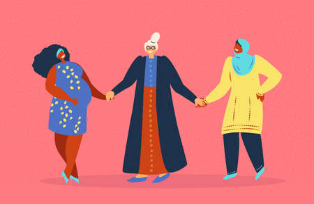 Happy International Woman Day Congratulation.Three Different Strong Brave Girls, Old Retired Lady, Pregnant African Woman and Muslim Girl in Hijab Holding Hands.Female Empowerment. Vector illustrationのイラスト素材