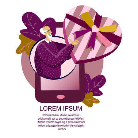 Online Digital Post Shopping. Old Pensioner Man Take Huge Heart Gift Present. Send or Get Parcel in Mobile App Smartphone. Celebrate Valentine Day, Birthday Holiday. Internet Post. Flat illustrationのイラスト素材