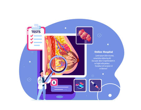Mammologist Scientist Doctor Examine Female Breast.Lacteal Gland Online Smartphone Ultrasound, Cancer Swelling Test.Medical Council.Tumor X-Ray Internet Diagnostic.Digital Treatment.Vector Illustrationのイラスト素材