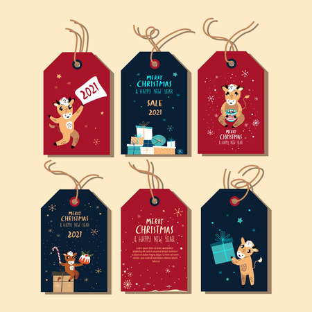 Set of Cute Cartoon Ox, Cows Greeting Christmas Cards Tags.New Year Cattle, Christmas Festive Attributes.Greetings Elements. Paper Labels, New Year 2021 Symbol. Holiday Animals Set. Vector Illustrationのイラスト素材