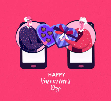 Loving Old Retired Romantic Couple Elderly Woman, Aged Man Send Sweet Chocolate Candies in Mobile Application.Valentine Day Gift.Festive Box Online Digital Post in Smartphone Screen.Vector Illustrationのイラスト素材