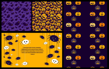 Halloween Bright Set of Greeting Card, Seamless Endless Patterns. Creative Illustration, Funny Spiders, Ghosts, Pumpkins. Celebrate All Saints' Day.Halloween Party Template. Halloween party invitation setのイラスト素材