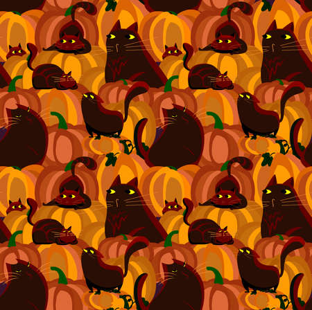 Halloween Autumn Seamless Pattern.Endless Bright Background with Cute Cats and Pumpkins.All Saint Day Banner.Sly Tricky Cat Greeting Card.Happy Halloween.Ghost Textile Print.Spooky Vector Illustrationのイラスト素材