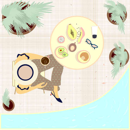 Flat girl, having light summer breakfast with fruits, growing and a cup of coffee. Falt vector illustartionのイラスト素材