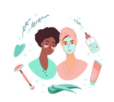 Afro American Dark Skin, two women with clay facial masks and eye patches on their faces, SPA skin care treatment, Facial Roller Massagers and guache scraper. Flat vector illustration on white backgroundのイラスト素材