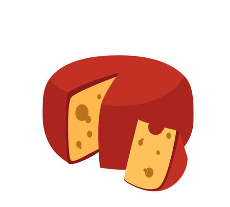 Holland cheese round wheel of Gouda with cut piece of hard Dutch chees. Colored flat vector illustration of delicatessen food or snack isolated on white backgroundのイラスト素材
