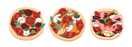 Set of different whole pizzas with pepperoni, salami, mushrooms, champignons, mozzarella and...