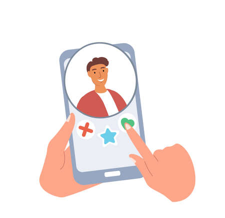 Human Character hands holding mobile phone and liking man's photo in dating app.Smartphone screen with application for online love dates. Colored flat vector illustration isolated on white background.のイラスト素材
