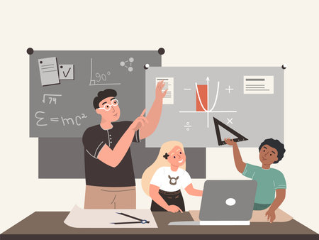 Young teacher explaining to Kids new math formula at chalkboard in School classroom.Children...