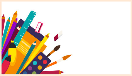 Ad banner Back to school.Sale poster with School Supplies Accessories element.Schooling Stationery tools and place for text on white background.Promotion template.Office stationery.Vector illustrationのイラスト素材