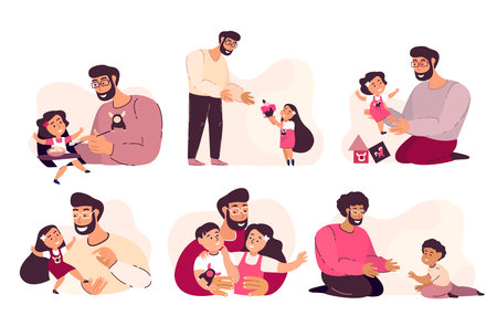 Fathers Day greeting cards Set.Dad play with children son, daughter, girl, boy.Bright flat pictures for blogs, social media, greeting card, print, poster.Flat Vector illustration isolated on white backgroundのイラスト素材