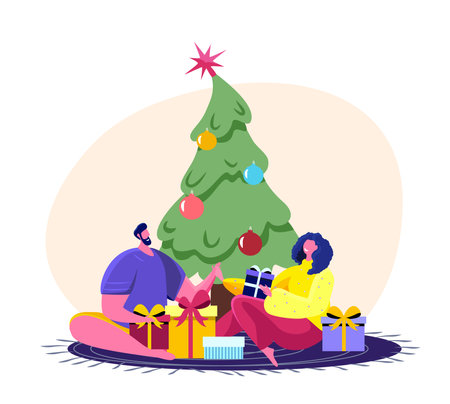 Festive Happy People Celebrate New Year and Christmas Holidays Family loving Man and Woman wife and husband Sitting at Decorated Fir Tree Opening and exchanging Gifts Cartoon Flat Vector Illustrationのイラスト素材