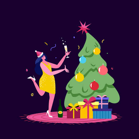 Merry Christmas and Happy New Year Celebration Cheerful Woman in Santa Hat Celebrate Xmas Party in Office Dancing at Decorated Tree with Champagne Bottle and Wineglass Cartoon Flat Vector Illustrationのイラスト素材