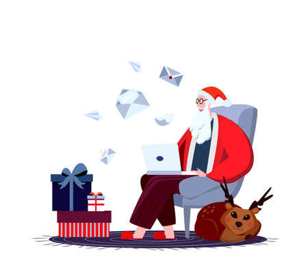 Merry Christmas Wishes Website Landing Page Santa Claus in Traditional Costume Sitting in Armchair with his deer Reading Long List with Xmas Desires. Web Page Banner Cartoon Flat Vector Illustrationのイラスト素材