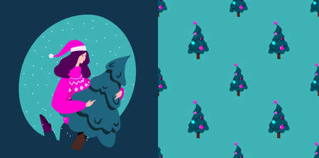 Merry Christmas and Happy New Year Winter Holidays.Festive Endless Pattern.Decorated Christmas Fir Tree Wrapping Paper. Smiling Girl.Fairy Snowing Congratulative Card. Cartoon Flat Vector Illustrationのイラスト素材