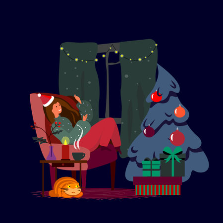 Happy New Year. Cozy Xmas atmosphere at the Christmas Eve. Alone happy girl lisen to music, relax with her cat. Warm celebration bright picture greeting card. Flat vector festive illustrationのイラスト素材