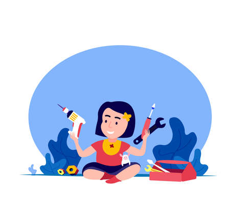 Feminism.Free happy Girl dreams about Builder, Erector Career with Instruments.Confident Choise.Opportunity Choose Profession.International Woman Day.Women Empowerment. Motivation Vector Illustrationのイラスト素材