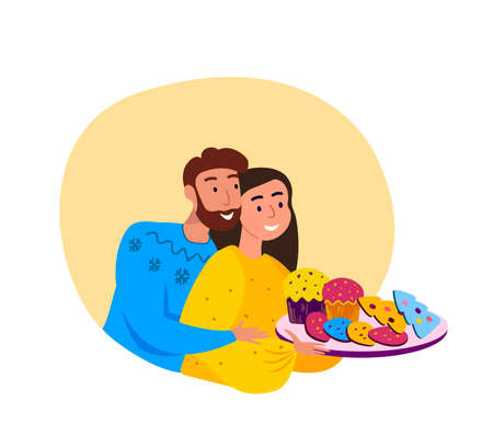 Loving Couple Man and Woman Prepare Xmas bakery for Christmas Eve Hugging each other Smiling having Fun. Happy New Year Traditional Celebration Family Cozy Atmosphere Greeting Flat vector illustrationのイラスト素材
