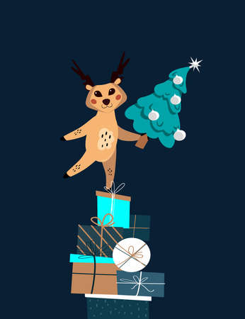 Happy New Year Advertising Banner.Christmas Shopping, Festive Purchases.Cute Cartoon pollard reindeer, Christmas Tree, Boxes of Gifts.Festive Holiday Poster, Card, Website.Advertising.Vector illustrationのイラスト素材