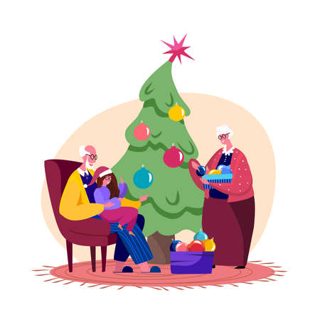 Merry Christmas and Happy winter Holidays. Happy family Granny Decorate Christmas Tree Before Xmas. Smiling granddad sitting with his granddaughter on knees New Year Cartoon Flat Vector Illustrationのイラスト素材
