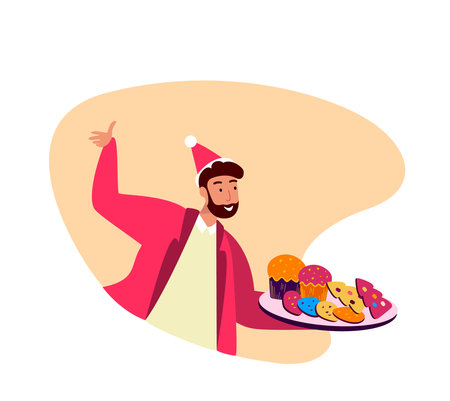 Young Happy Man Prepare Xmas Bakery Cakes for Christmas Eve, Noel and Happy New Year. Glittering Garland Festive Congratulate. Boy Create Family Cozy Fairy Atmosphere picture Greeting Card Flat vectorのイラスト素材