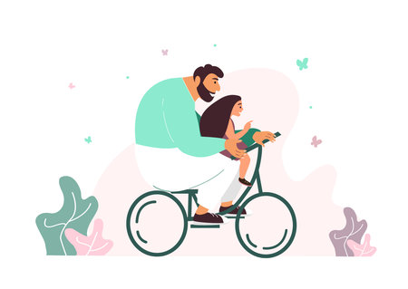 Fathers Day greeting card. Happy father riding a bicycle with Daughter.Daddy and Girl play with Butterflies.Bright picture for blogs, social media, greeting cards, prints, posters.Vector flat illustrationのイラスト素材
