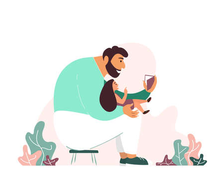 Fathers Day greeting card.Happy father Daddy read book with his Girl Daughter Child.Dad telling story fairytale.Picture for blogs and social media, greeting card, prints, posters.Vector flat illustrationのイラスト素材