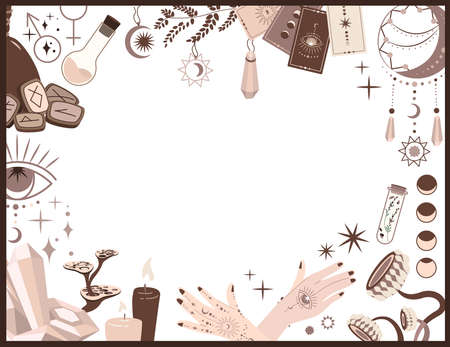 Witchcraft, magic background for witches and wizards. Wicca and pagan tradition. Vector vintage collection. Hand drawn elements: candles, book of shadows, potion, tarot cards etc.のイラスト素材
