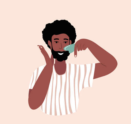 African Dark Skin Man with jade face guasha stone scraper.Male Facial yoga.Guy massaging his face.Acupuncture anti-aging traditional chinese medicine self care method.Vector flat illustration isolatedのイラスト素材