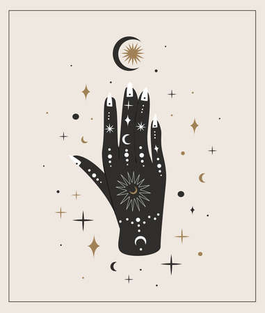 Woman hand with painted mehendi of sun, moon, stars sacred geometry, Alchemy esoteric mystical magic celestial talisman isolated. Spiritual occultism object. Vector isolated illustration in black styleのイラスト素材
