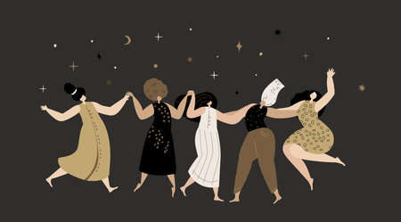 Happy Feminine Party Woman Festival.Women Dancing in Female Circle Together. Ritual dance together.Esoterics Sacred Woman Power. Feminine, Female Empowerment Night Fest. Flyer Flat Vector Illustrationのイラスト素材