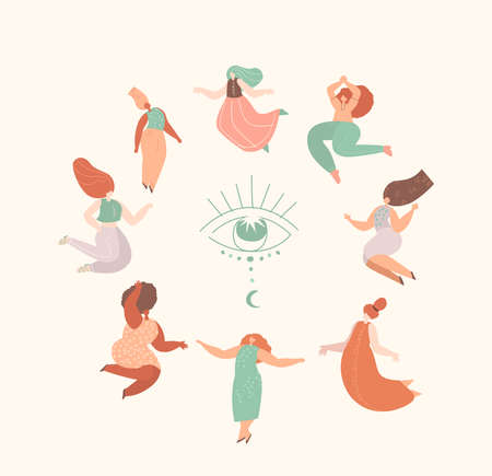 Female Esoterics Witch Space.Magician Women Circle Dancing around Eye of Providence, Self Knowledge.Ritual dance together.Esoterics Sacred Woman Power.Female Empowerment Energy.Flat Vector Illustrationのイラスト素材