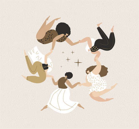 Mysterious Magic Female Circle.Women Dancing Ritual, voodoo dance hold hand together.Esoterics Witches.Sacred Woman Power.Feminine, Female Empowerment Energy.Advertisement, Flyer Flat Vector Illustrationのイラスト素材