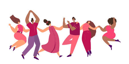 Happy friends,Women and Men dancing togehter on Party.Different People Hanging out.Celebrate success together.Girls,Boys team have fun.Flat vector Illustration.Characters isolated on white backgroundのイラスト素材