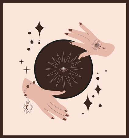 Witchcraft, magic Fortune-telling Ritual for witches and wizards. Wicca and pagan tradition. Vector vintage collection,boho style. Fortune Telling Ball,stars,astronomy occultism Vectorのイラスト素材