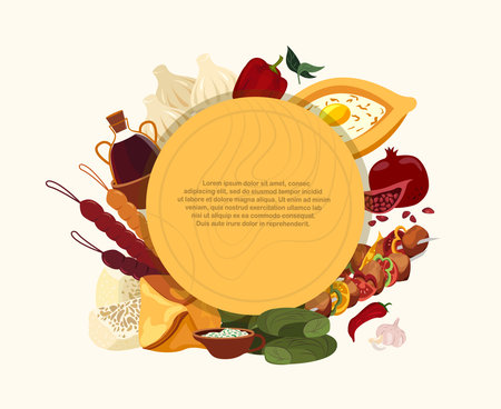 Georgian cuisine Banner Menu.Asian Traditional Food.Different dishes Broadsheet Poster.Adjarian khachapuri, khinkali, shashlik, dumpling, dolma, dishes.Flat Vector illustration isolated on white backgroundのイラスト素材