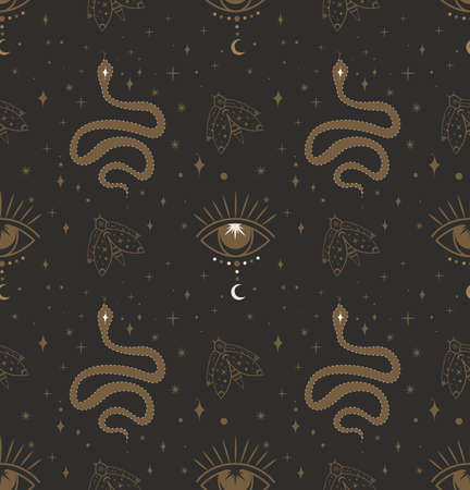Seamless Pattern with Mysterious Reptile Snake, Fly and All-seeing Eye in boho style.Esoteric Symbols.Wicca, pagan, Buddhism Design.Endless Background template.Flat Vector Illustration, black backgroundのイラスト素材