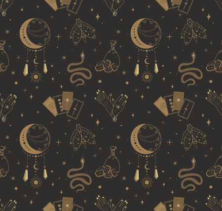 Magic symbols collection set Seamless Pattern.Esoteric, Mysterious boho mystical elements, magic witchcraft crystals, moon, tarot cards, runes vector illustration icons, black background.Endless Backgroundのイラスト素材