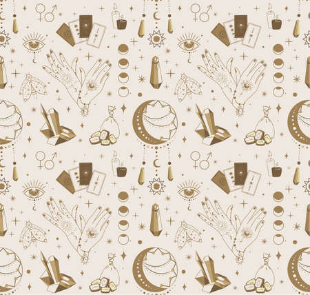 Magic symbols collection set Seamless Pattern.Esoteric, Mysterious boho mystical elements, magic witchcraft crystals, moon, tarot cards, runes vector illustration icons, beige background.Endless Backgroundのイラスト素材