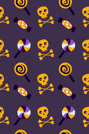 Halloween Festive Seamless Pattern.Endless Bright Background with Skulls, Bones, Candy, Sweets, Lollipops.All Saints Day Banner Skull Greeting Card.Happy Halloween.Textile Print.Spooky Vector Illustrationのイラスト素材