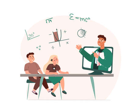 Remote Education.Online Digital Lesson Tutorial Education for Children.Teacher Coach Explain Knowledge for Pupils on Video Laptop.Students Study.Homework Home School.Internet Learn.Vector Illustrationのイラスト素材